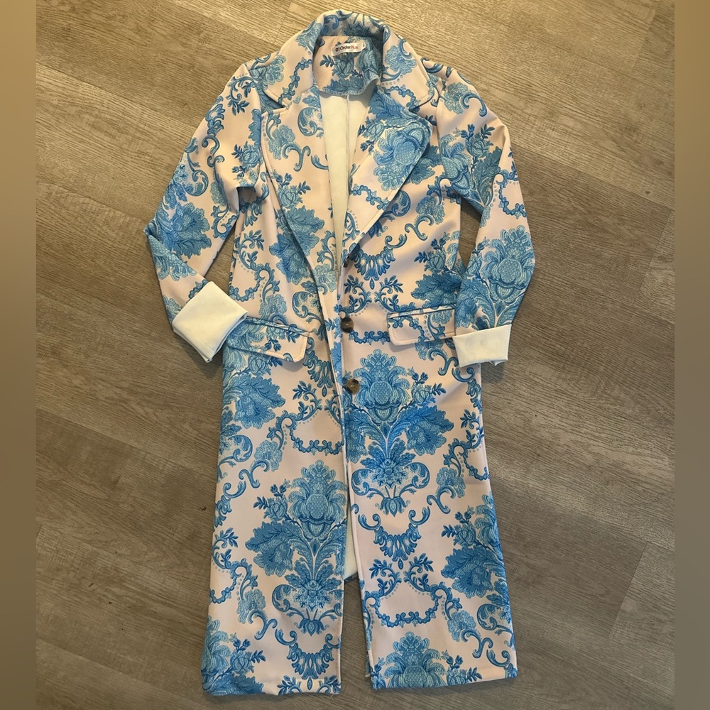 Blue Paisley Midi Trench Coat